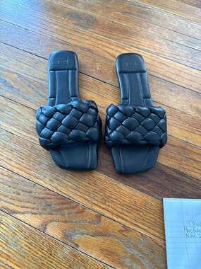 Marc Fisher Black Braided Woven Square Toe Slide Sandals